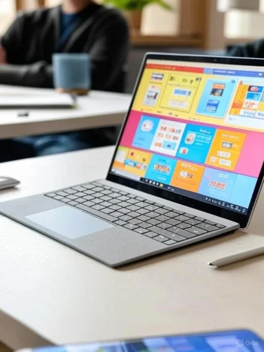 A laptop displaying colorful online shopping or advertising content on a desk in a modern workspace.