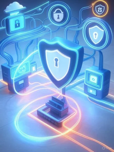 Digital security and data protection concept with neon shield icons and interconnected devices.