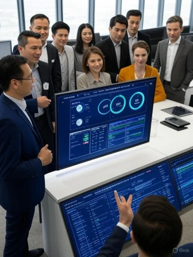 A diverse group of business professionals observes a presentation on multiple digital screens in a modern office.