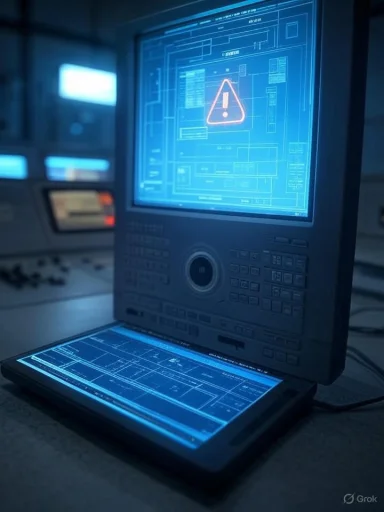 A high-tech control panel displays warning alerts on a blue screen, suggesting a system error or security breach.
