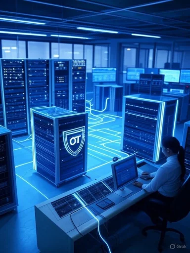 A person working at a computer in a high-tech server room with glowing blue lights and digital lines.