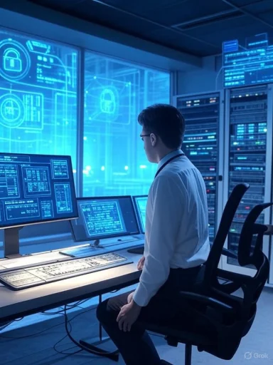 A person in a white shirt works at a high-tech control station with multiple monitors and server racks, monitoring cybersecurity data.