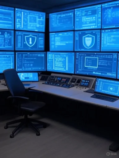 A high-tech cybersecurity control room with multiple monitors displaying security and data analysis dashboards.