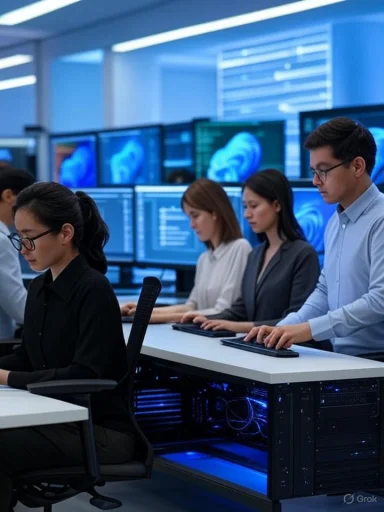 Team of professionals working on computers in a high-tech data center or control room environment.