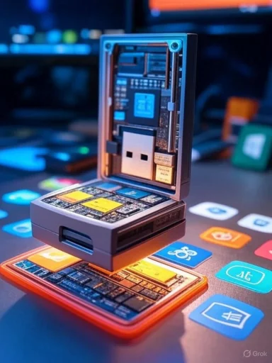 A miniature electronic device, resembling a tiny open computer or camera, features small integrated circuits and a USB port, placed on colorful app icons.