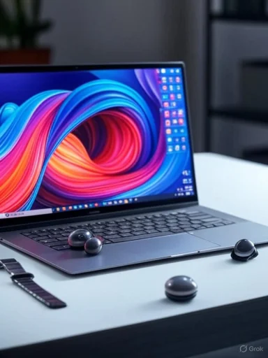 A sleek laptop with a colorful swirl wallpaper, surrounded by small rounded speakers on a white desk.