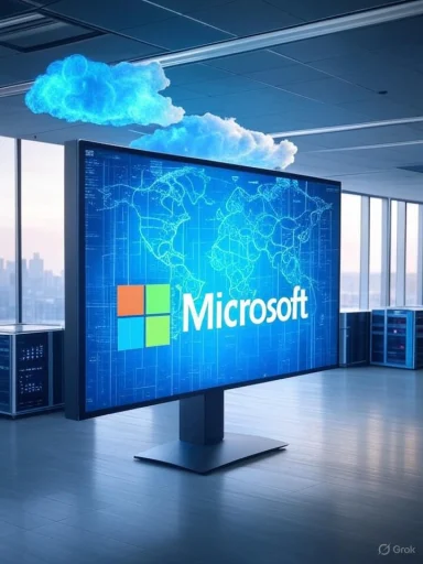 A large digital screen displaying the Microsoft logo and a world map in a modern office with cloudy visuals overhead.
