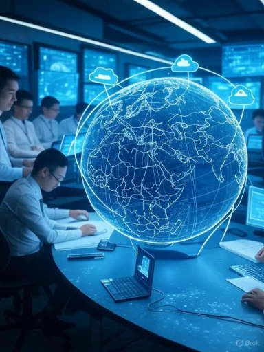 A team of professionals analyzes global network data with a holographic Earth and cloud icons in a high-tech control room.