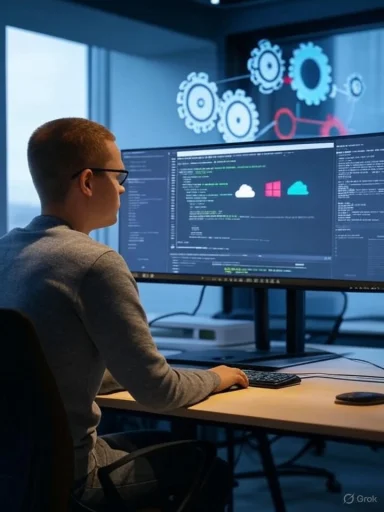 A person working on coding or software development at a desk with large monitors displaying codes and cloud icons.