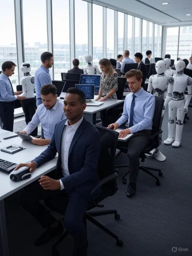 Humanoid robots are present among humans working in a modern office with large windows and computer desks.