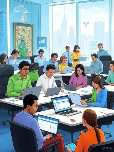 A diverse group of professionals work on laptops and tablets in a modern, high-rise office with city views.