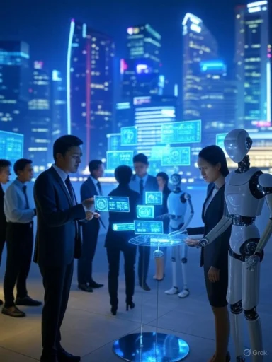 People interacting with holographic and robotic displays in a futuristic cityscape setting.