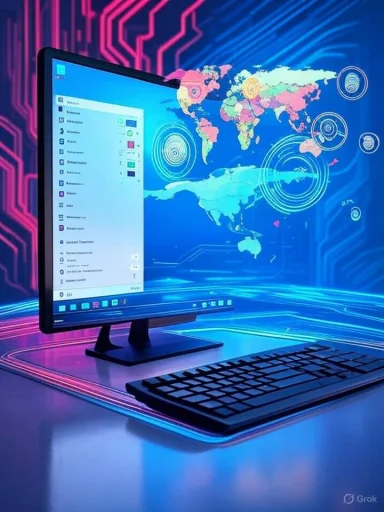 A computer setup with a global digital map and holographic indicators in a neon-lit, futuristic environment. A computer setup with a global digital map and holographic indicators in a neon-lit, futuristic environment.