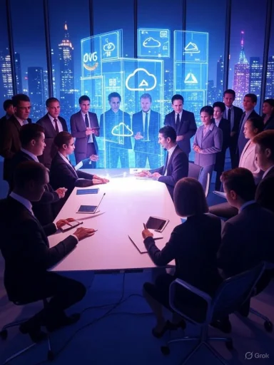 A high-tech business meeting with virtual cloud technology projecting digital icons and data in a modern city skyline background.