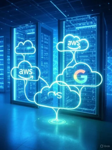 Digital cloud icons representing AWS and Google clouds in a data center with futuristic neon lighting.