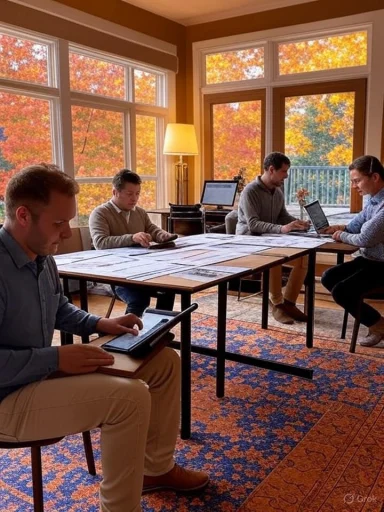 Four people working on laptops and papers at a table in a room with large windows showing colorful autumn trees outside. Four people working on laptops and papers at a table in a room with large windows showing colorful autumn trees outside.