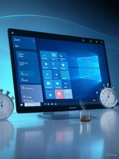 A computer monitor displaying the Windows 10 desktop, flanked by two stopwatches on a reflective surface.