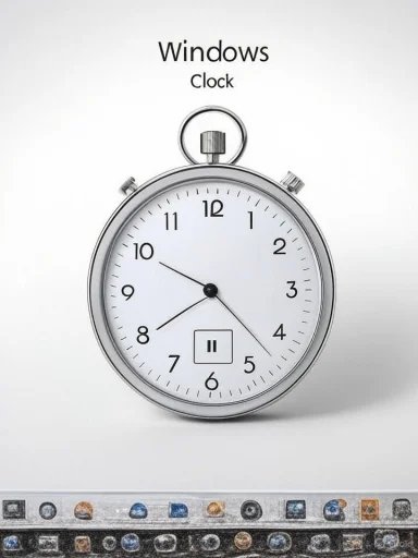 A stopwatch image labeled 'Windows Clock' with a pause icon at 6:00.