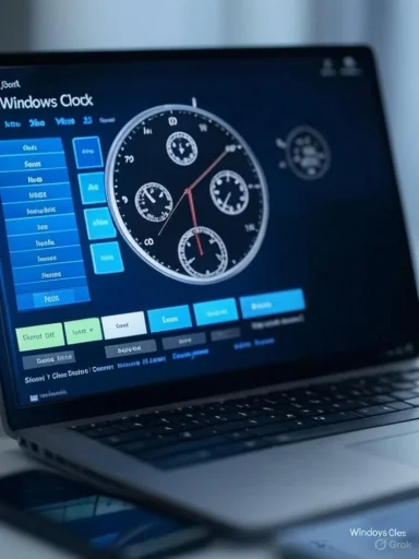 A laptop screen displays a digital clock interface with multiple dials and options, resembling a clock customization tool. A laptop screen displays a digital clock interface with multiple dials and options, resembling a clock customization tool.