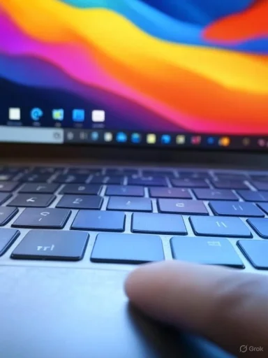 Close-up of a person's finger on a laptop keyboard with a colorful screen in the background.