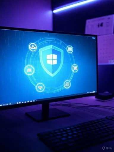 A computer screen displaying a digital security interface with a shield and various security icons. A computer screen displaying a digital security interface with a shield and various security icons.