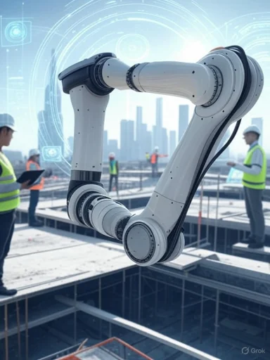 A robotic arm operates on a construction site with workers nearby, set against a futuristic digital overlay and city skyline. A robotic arm operates on a construction site with workers nearby, set against a futuristic digital overlay and city skyline.