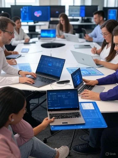 A diverse group of professionals collaborates around a conference table with laptops and tablets in a modern office.