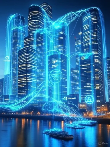 Futuristic cityscape with skyscrapers illuminated by glowing blue digital light trails over water.