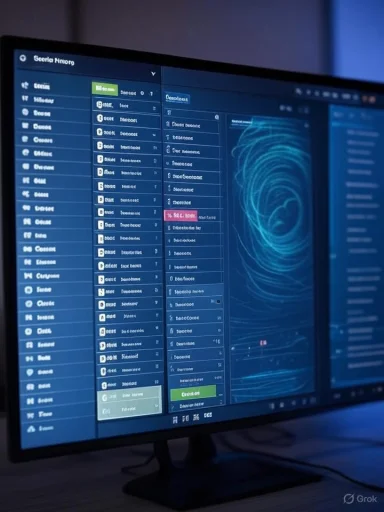 A computer screen displays a cybersecurity system with threat detection and response data.