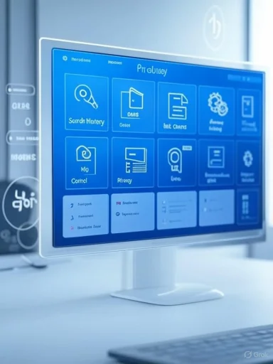 A computer screen displays a digital menu or interface with icons and options in a modern, likely office or technical setting.