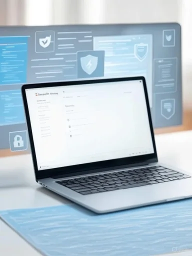 A laptop displays a form with security icons and graphics representing cybersecurity on a desk.