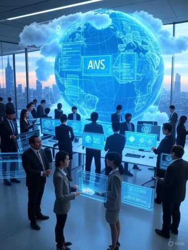 Business professionals analyze digital data and a global map projection in a high-tech control room.