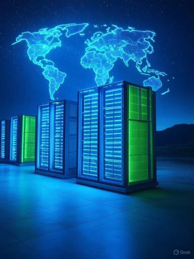 Data center servers illuminated with a world map in the background under a starry night sky.