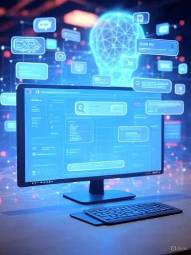 A futuristic AI interface with a digital human head hologram and floating data icons on a computer screen.
