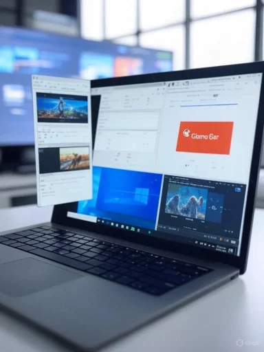 A laptop with multiple screens open, displaying photo editing, a slide presentation, and a logo, in a bright, modern workspace.