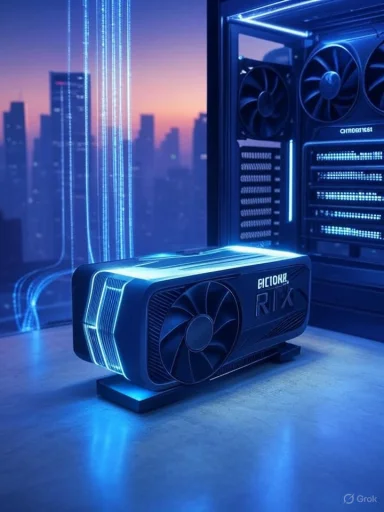 Futuristic gaming PC components with glowing blue accents against a cityscape background at sunset.