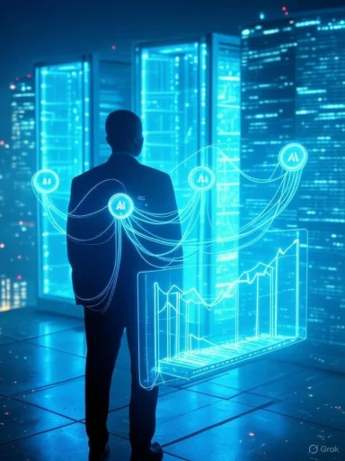 A man analyzes data with holographic AI graphs in a futuristic data center.