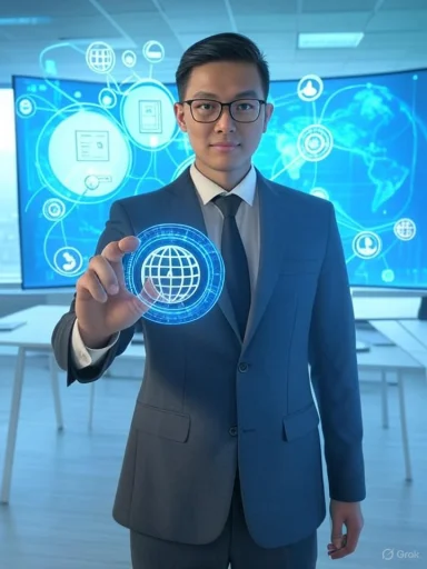 A businessman in a suit points at a digital globe hologram in a modern, tech-enabled office environment. A businessman in a suit points at a digital globe hologram in a modern, tech-enabled office environment.