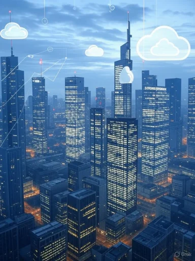 A cityscape with skyscrapers illuminated at dusk, overlaid with cloud and connection graphics representing cloud computing.