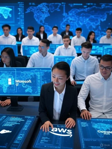 A diverse team of professionals working in a high-tech command center with digital maps and data interfaces.