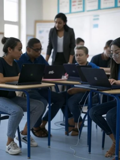 Students work on laptops in a classroom while a teacher supervises and assists.