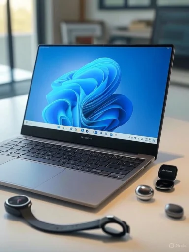 A laptop displaying Windows 11 on a desk alongside smartwatch and wireless earbuds.