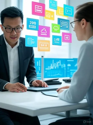 Two professionals discuss in a modern office with floating digital icons and data visualizations on screens. Two professionals discuss in a modern office with floating digital icons and data visualizations on screens.