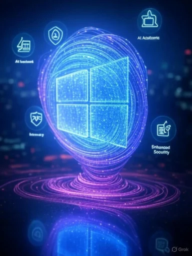 A digital illustration featuring a glowing, holographic Windows logo surrounded by icons representing AI assistants, IoT, security, and enhanced society.