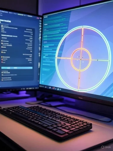 A dual-monitor setup displaying radar or targeting software with a keyboard in a dimly lit workspace.