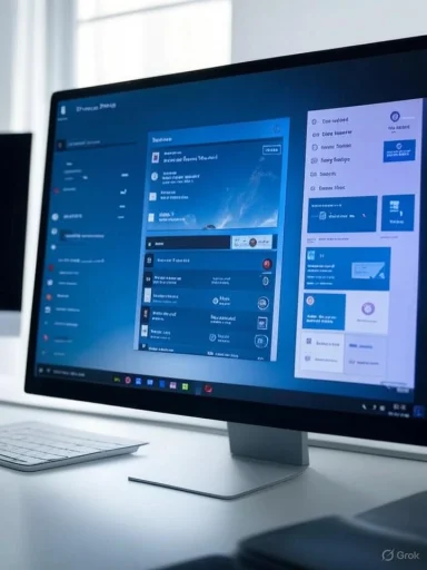 A computer monitor displaying a Windows desktop with various open applications, set on a white desk with a keyboard nearby.