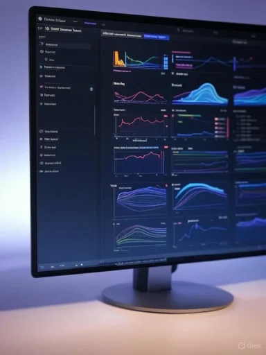 A computer monitor displaying various colorful data analytics and graph visualizations.