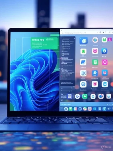 A laptop displaying a split screen with Windows 11 desktop on the left and a mobile app interface on the right. A laptop displaying a split screen with Windows 11 desktop on the left and a mobile app interface on the right.