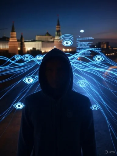 A shadowed person in a hoodie stands amid digital eye icons and lines, suggesting surveillance or cybersecurity themes.