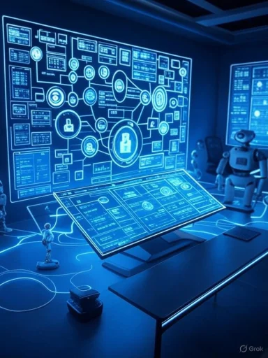 A futuristic control room with holographic displays and robots, focused on cybersecurity or digital data management. A futuristic control room with holographic displays and robots, focused on cybersecurity or digital data management.